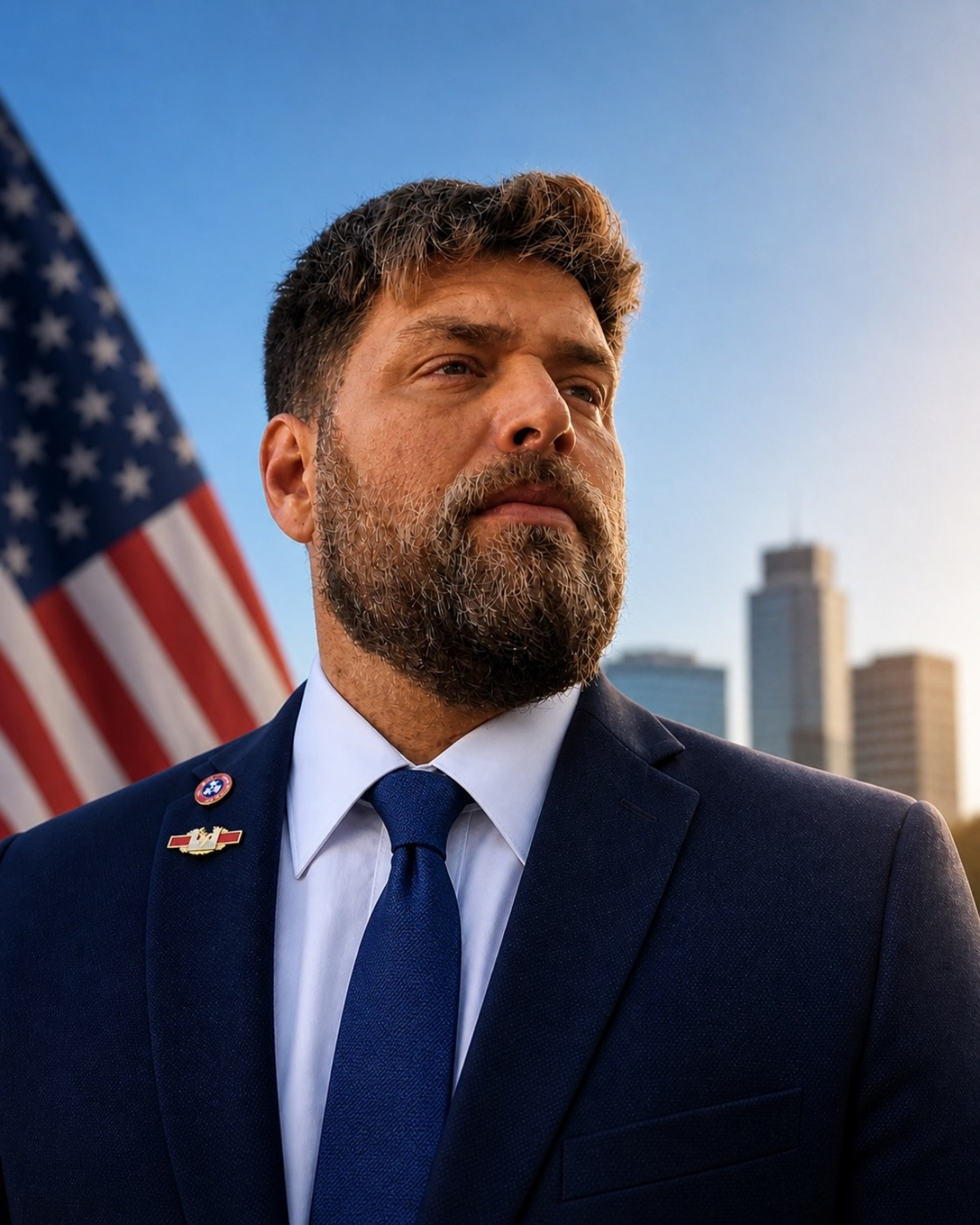 Brant Hall in a suit with an American flag behind him